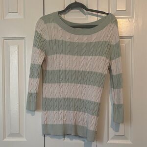 LOFT Sage Green & Cream Striped Cable Knit Boatneck Sweater